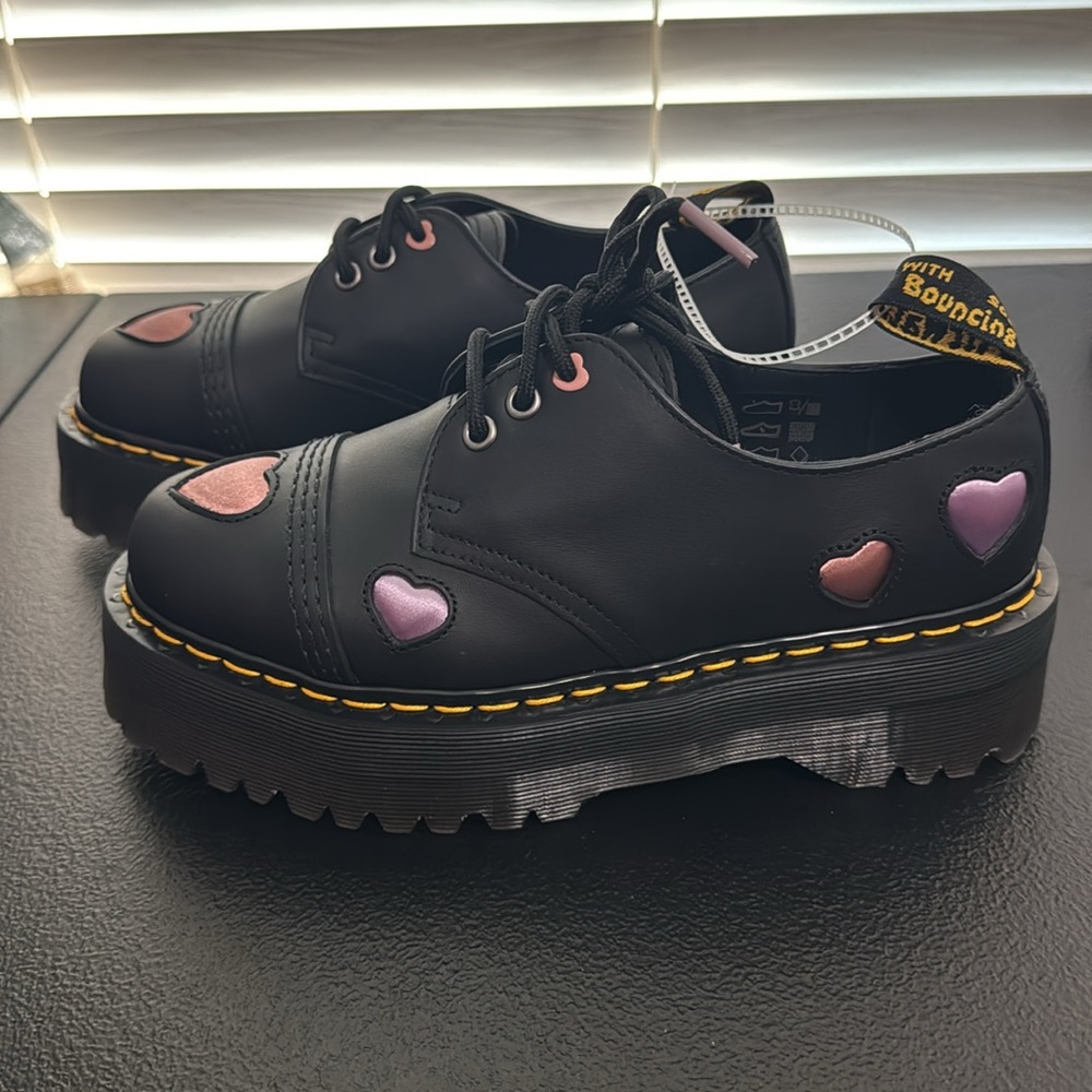 Dr. Martens Black Platform Oxfords with Pink Heart Accents - Picture 5 of 16